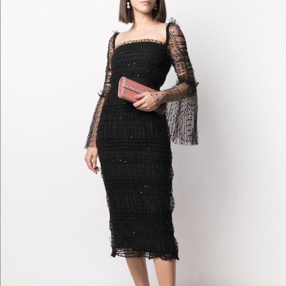 NWT Self-Portrait shirred dotted mesh midi dress black US size 6
